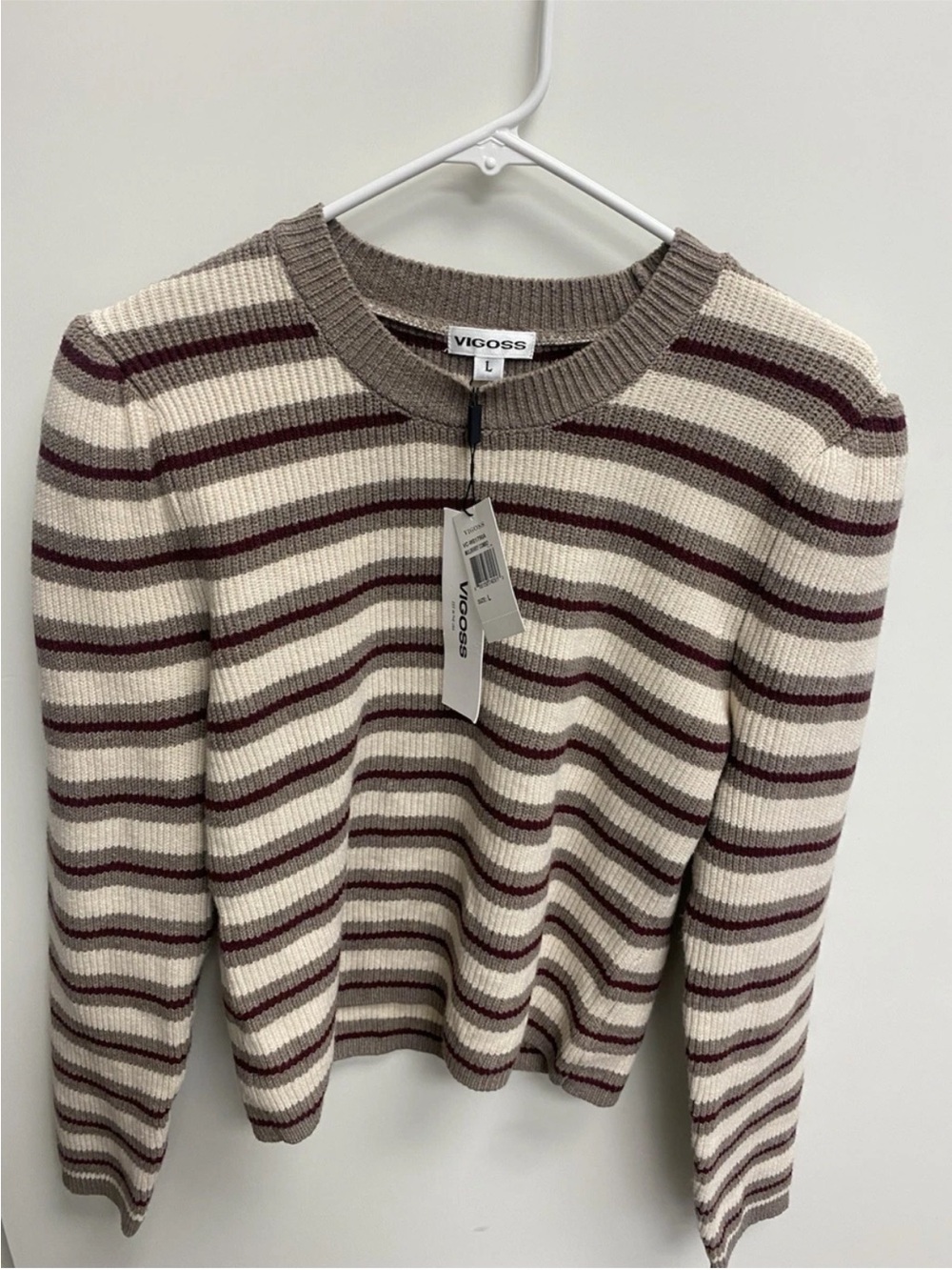 Vigoss Cream, Brown & Maroon Striped Ribbed Crew Sweater
